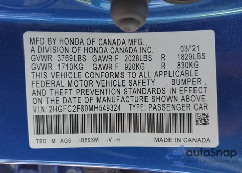 2021 Honda Civic Sport z USA, uszkodzony, nr VIN 2HGFC2F80MH549324